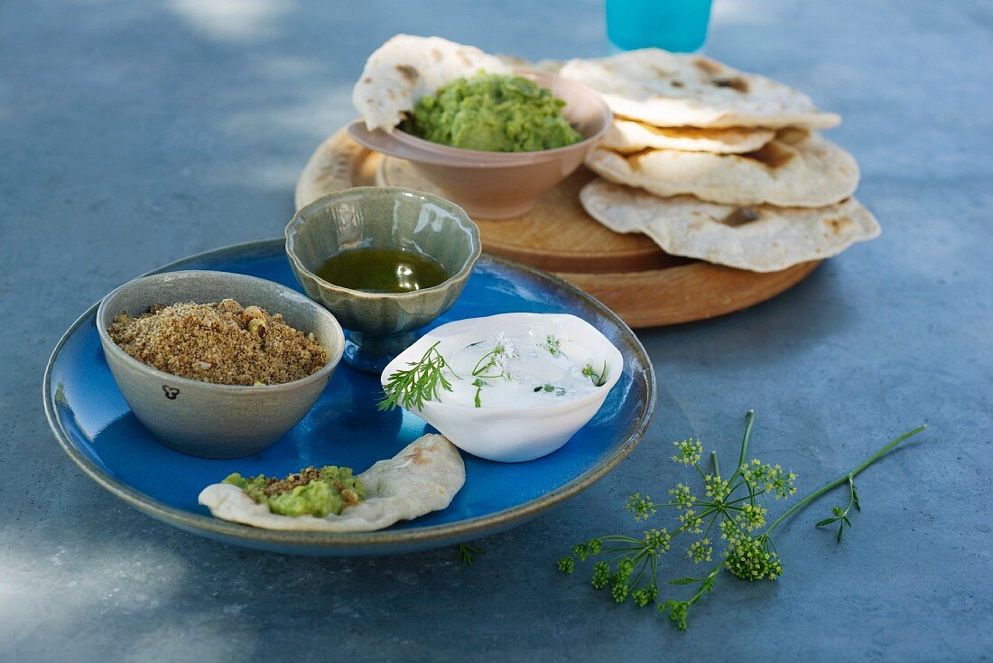 Verschiedene Meze und Fladenbrot