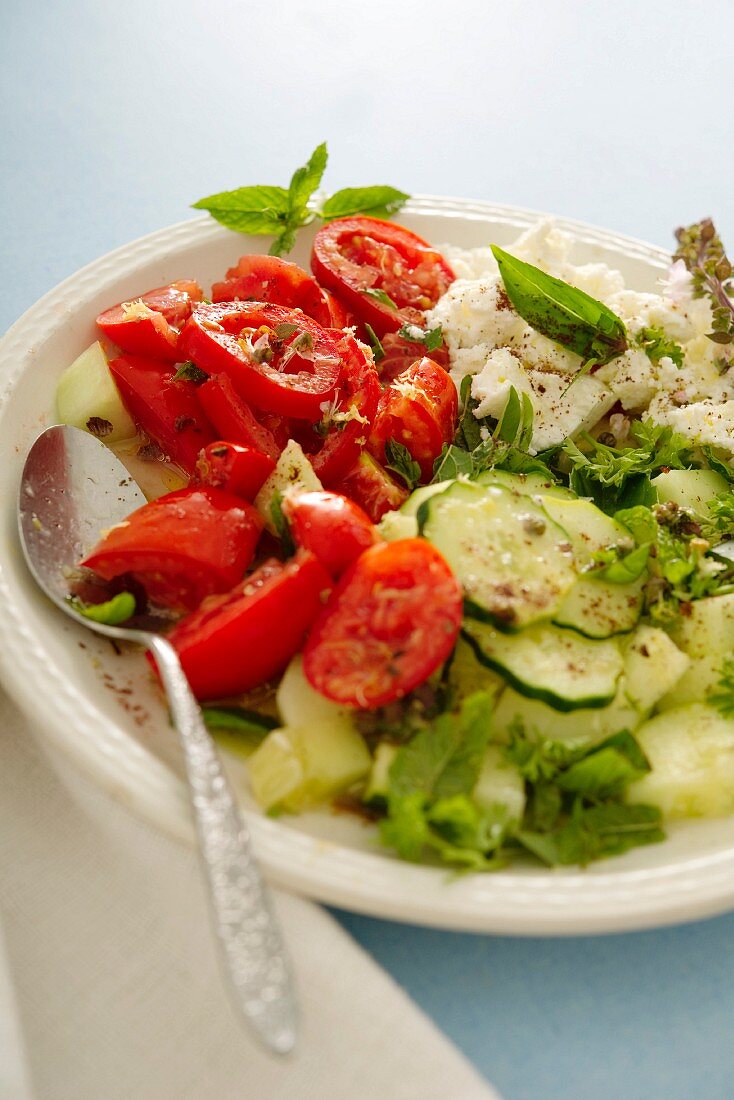 Gemischter Salat mit Gurke, Tomaten, Pfefferschoten, Feta und Sumach