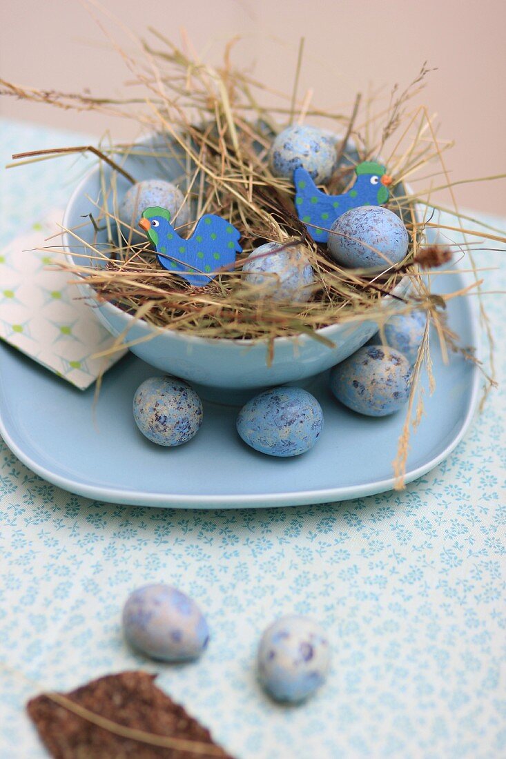 Dyed quail's eggs in straw Easter nest in pale blue bowl with matching plate