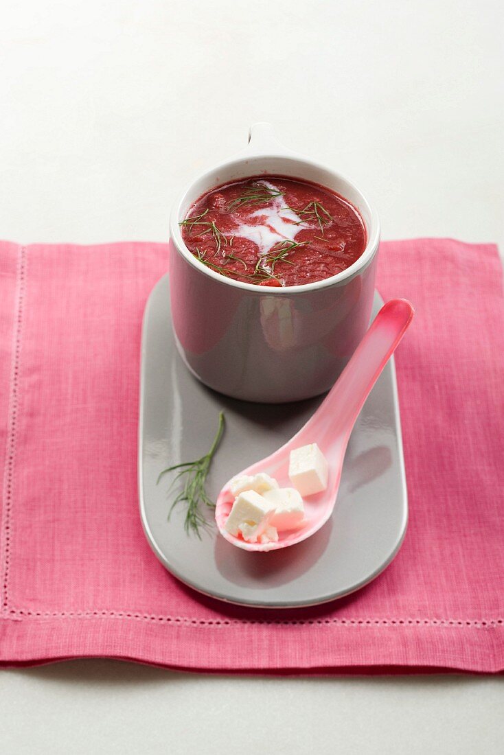 Beetroot soup with apple and feta cheese