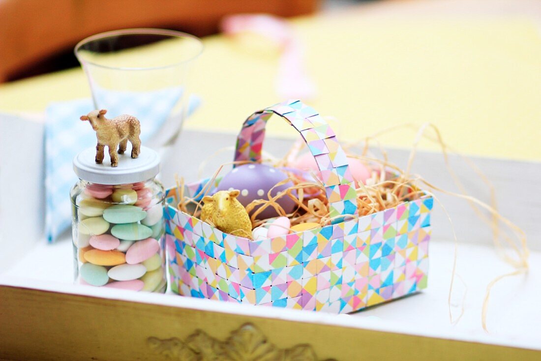 Hand-crafted, colourful, woven Easter basket