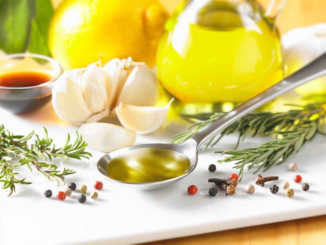 Rosemary, spices, garlic, olive oil, lemon and balsamic vinegar
