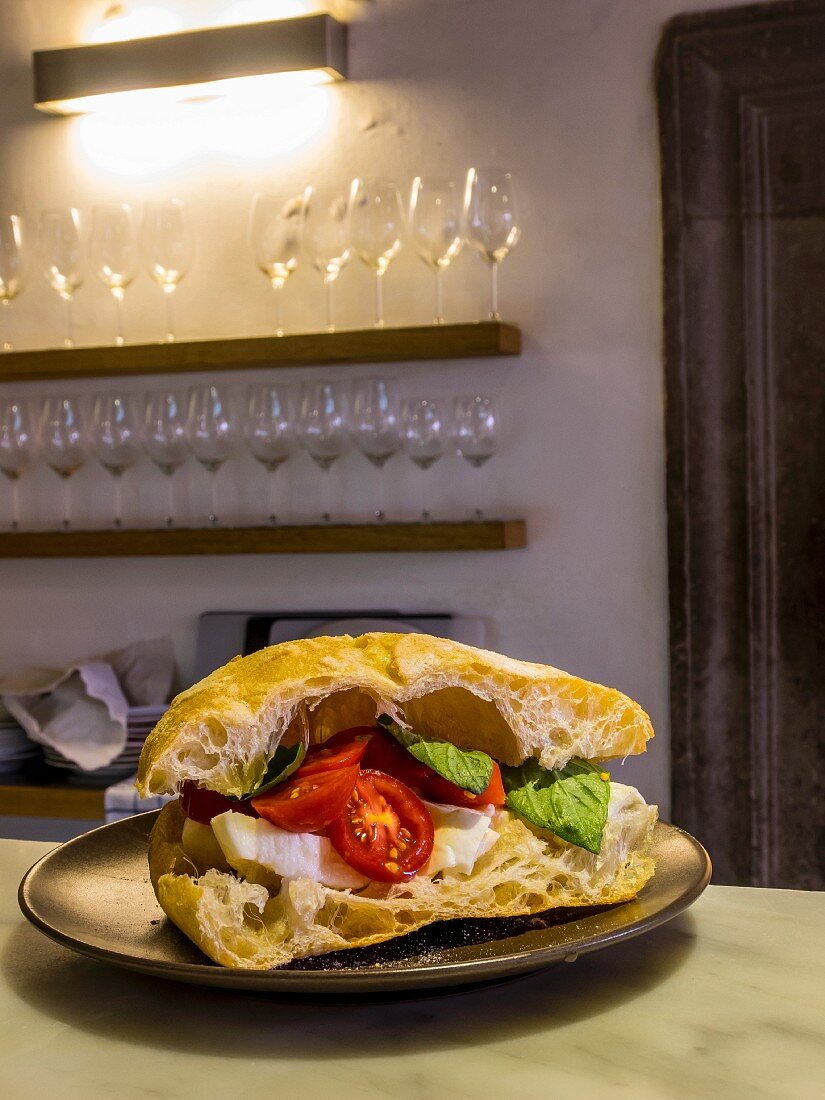 A tomato, mozzarella and basil sandwich in a kitchen