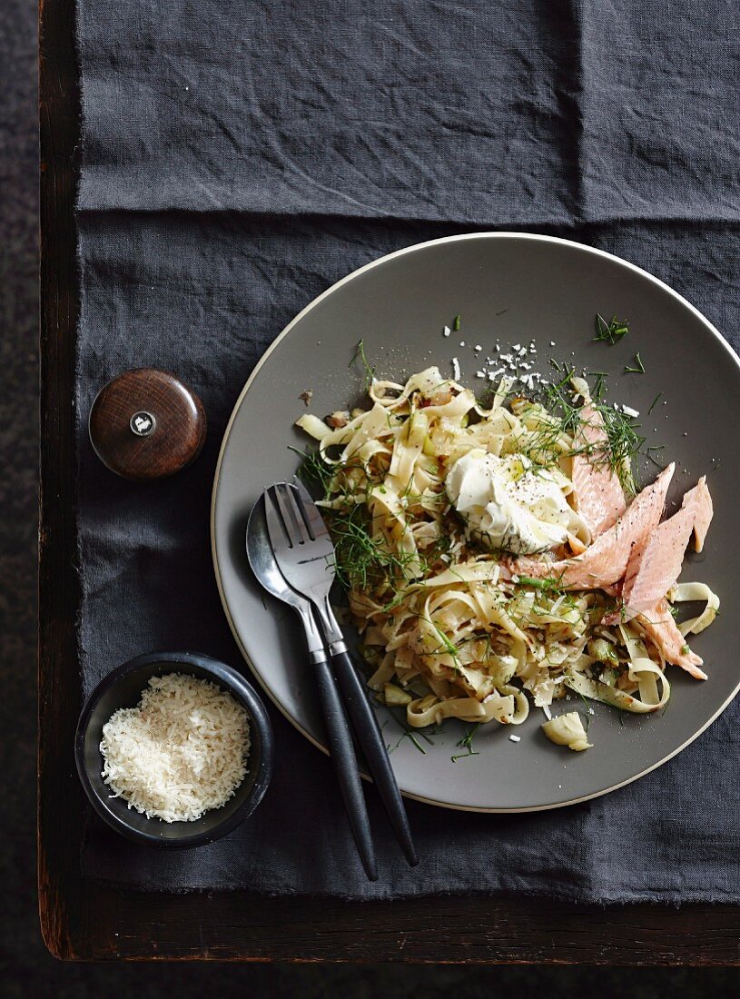Tagliatelle with caramelised fennel, smoked trout and creme fraiche
