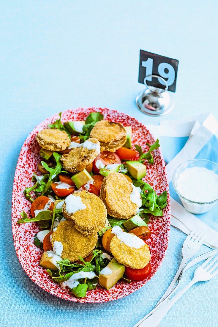 Fried green tomato salad with ranch dressing