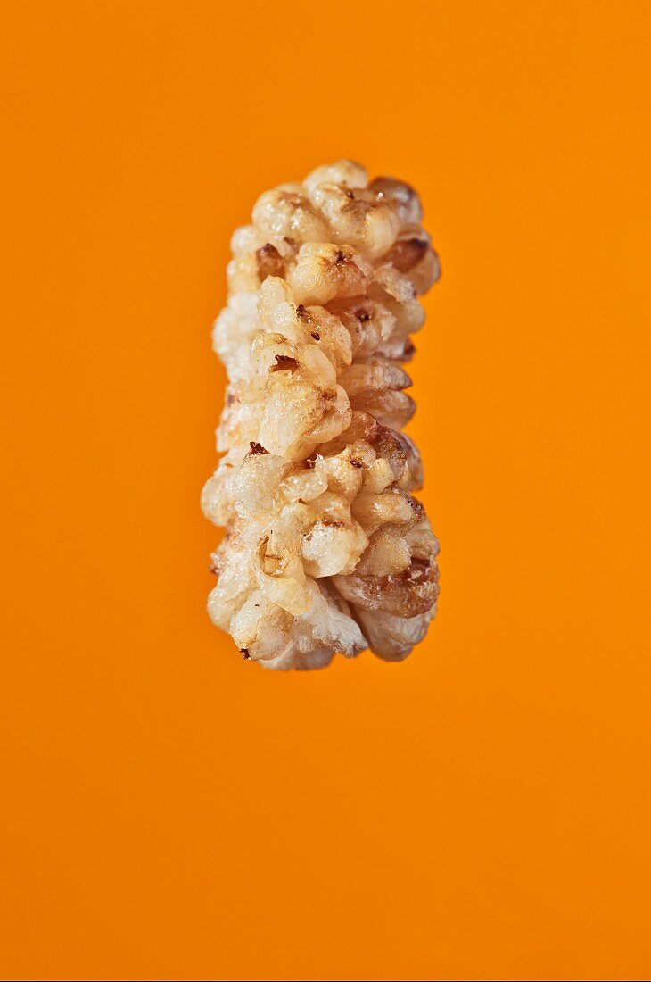 White mulberries on an orange surface