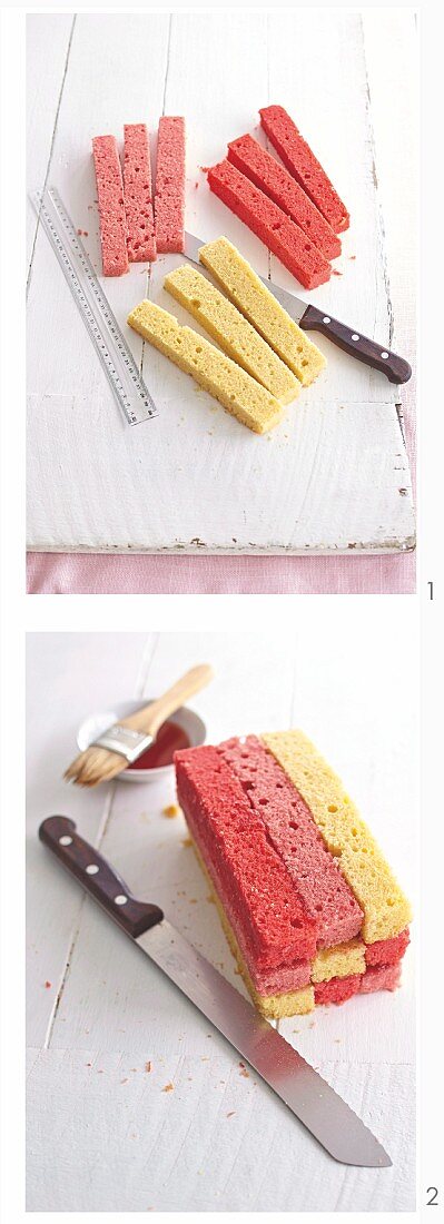 Schachbrettkuchen mit Erdbeeren und Buttercreme zubereiten - Teigstreifen schneiden und stapeln
