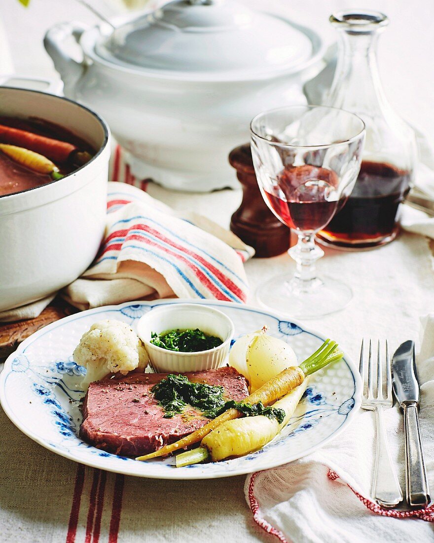 Corned beef with vegetables and salsa verde