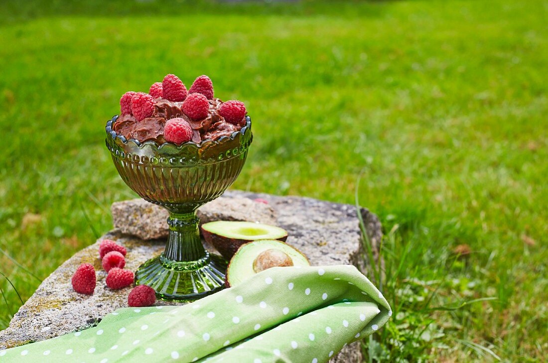 Chocolate and avocado mousse with fresh raspberries