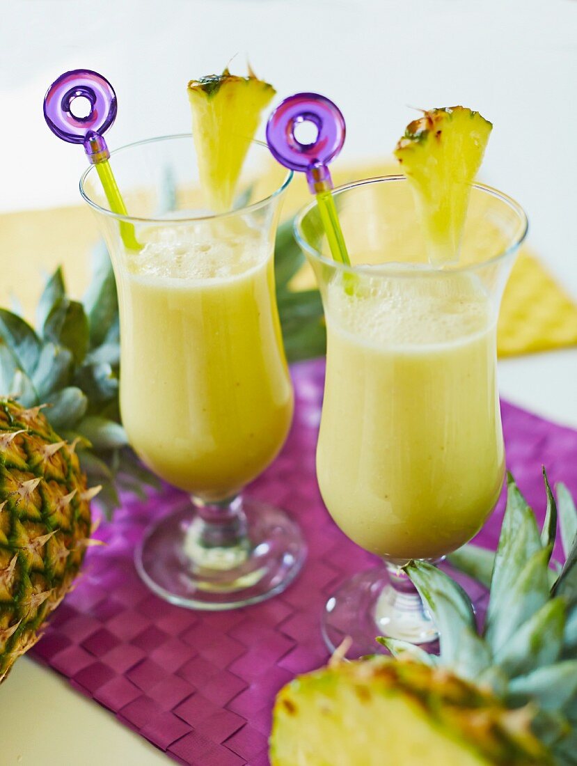 Detox Pina Coladas made from almonds, bananas, pineapple, coconut flakes and agave syrup