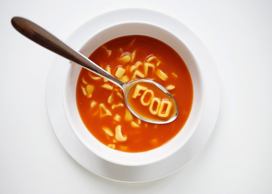 Alphabet pasta in tomato soup