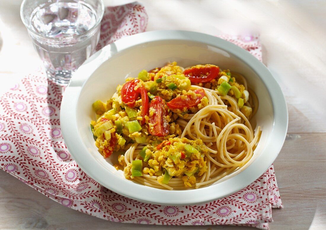 Spicy lentil pasta with tomatoes and celery