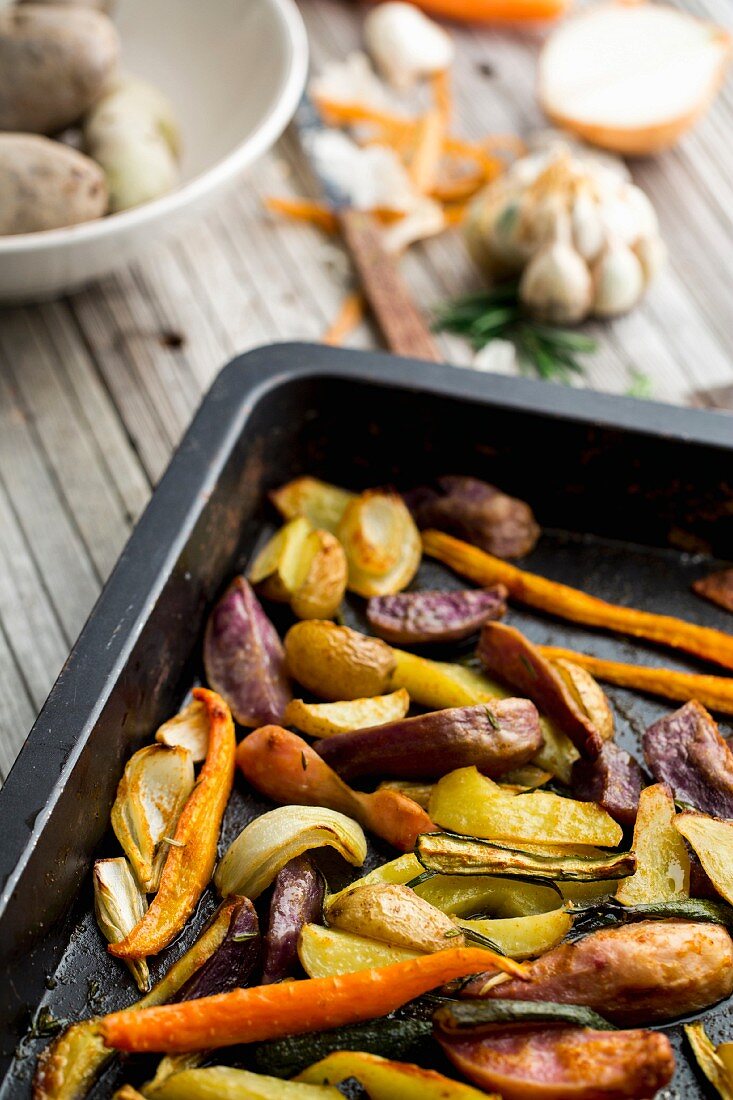 Oven-roasted vegetables with olive oil, rosemary, savory and fleur de sel
