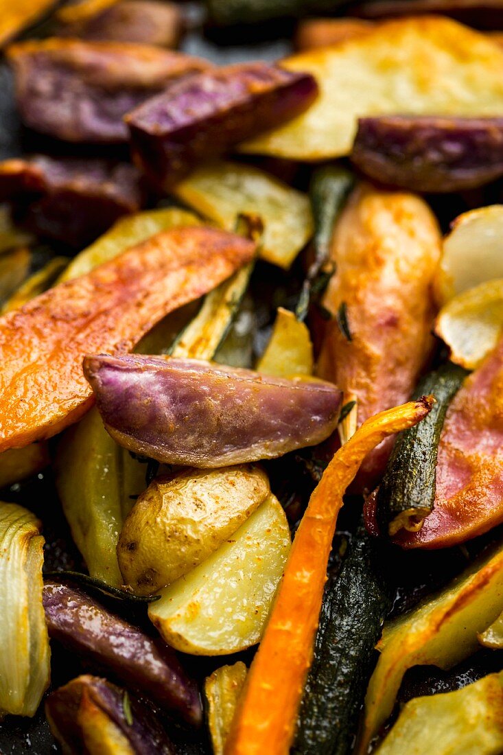 Oven-roasted vegetables with olive oil, rosemary, savory and fleur de sel