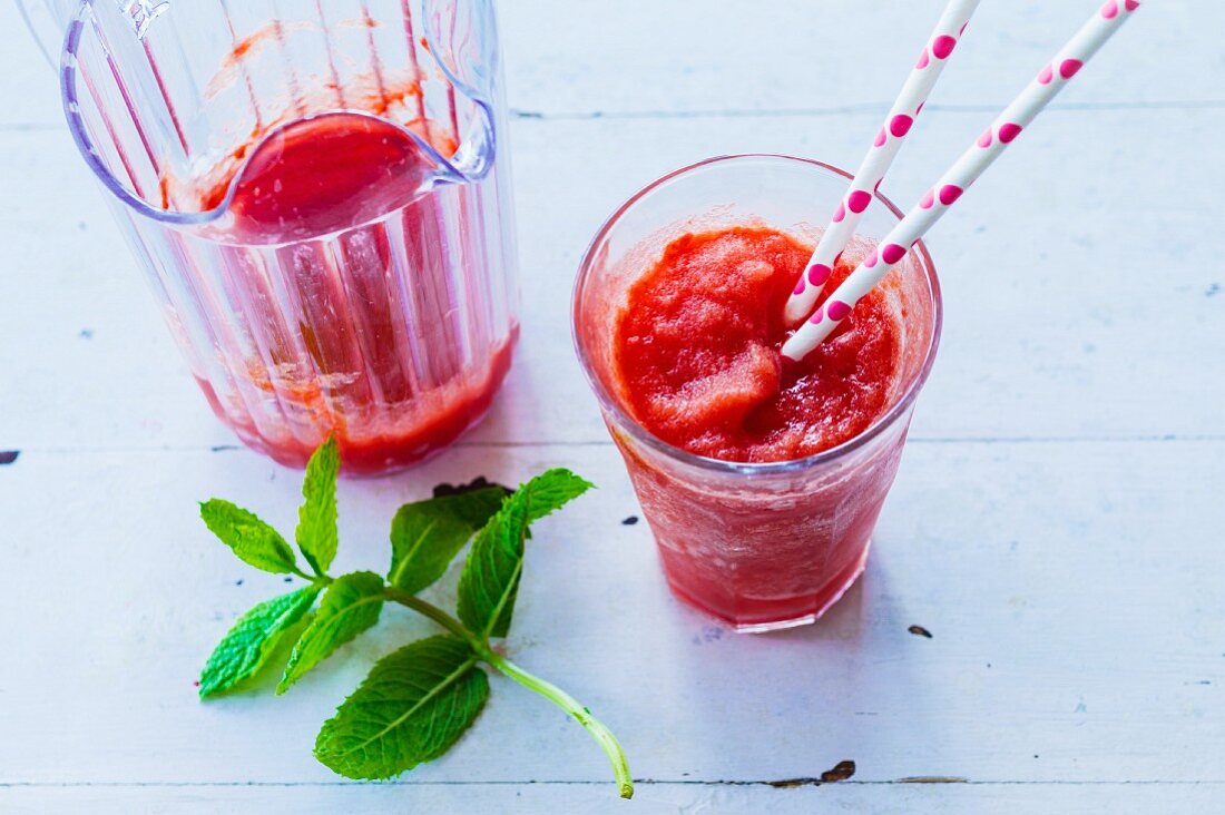 A watermelon smoothie with fresh mint and lime juice