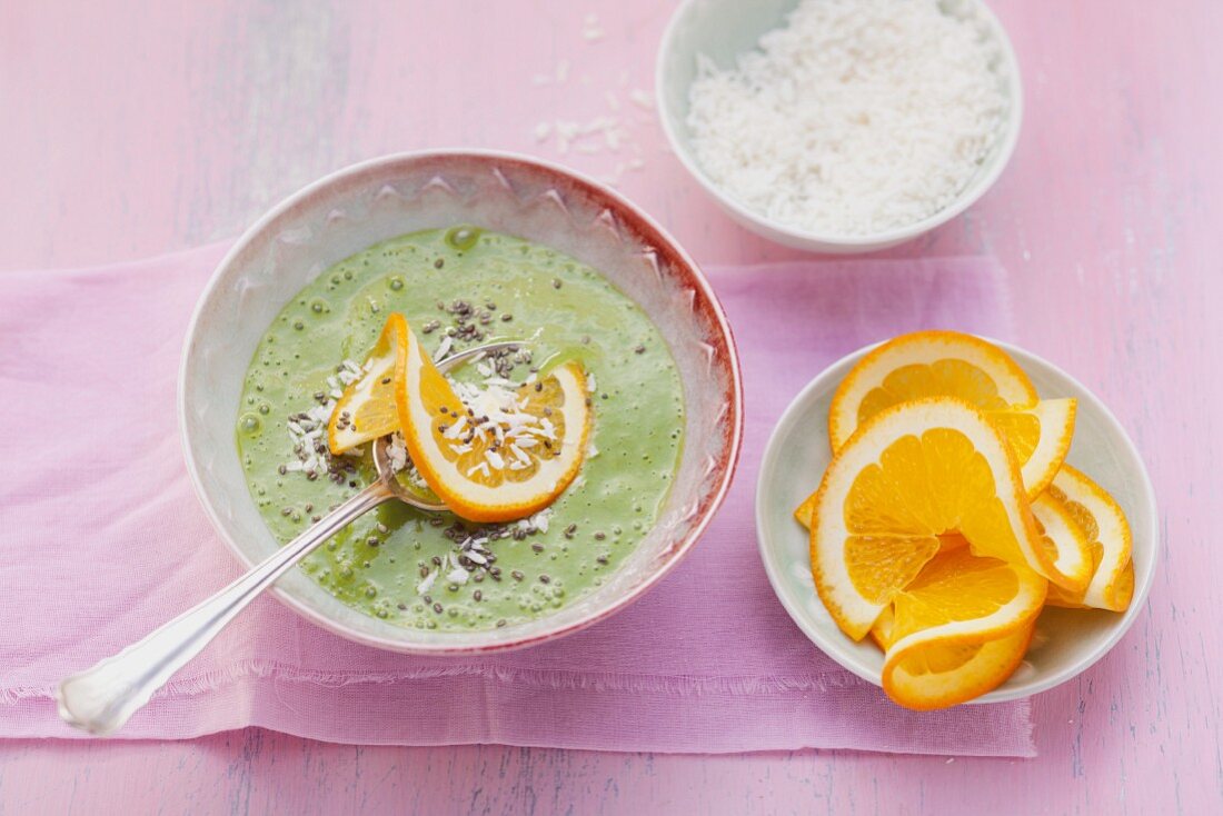 Mousse au coco – green pudding made from coconut mousse, oranges, chia seeds, spinach and chard
