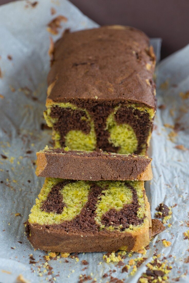 Chocolate and pistachio marble cake, sliced