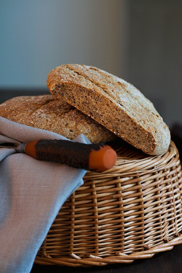 Seeded rye bread in a basket