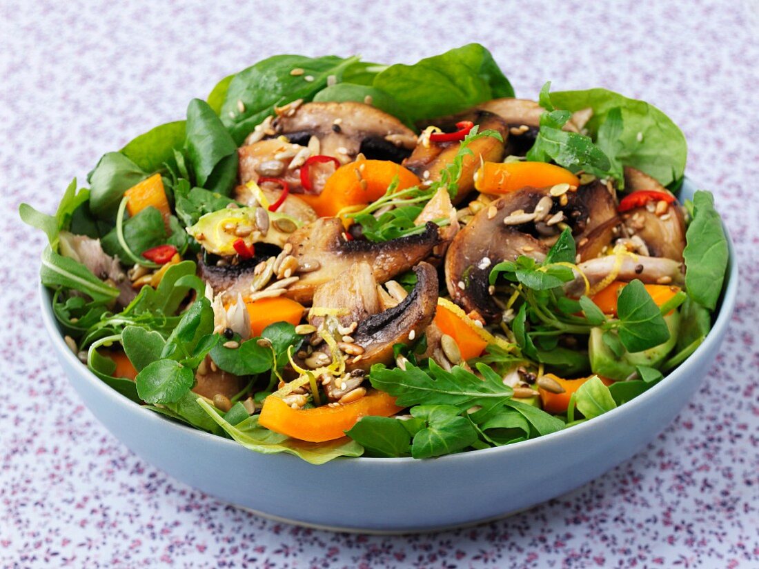 A warm mushroom salad with sesame seeds