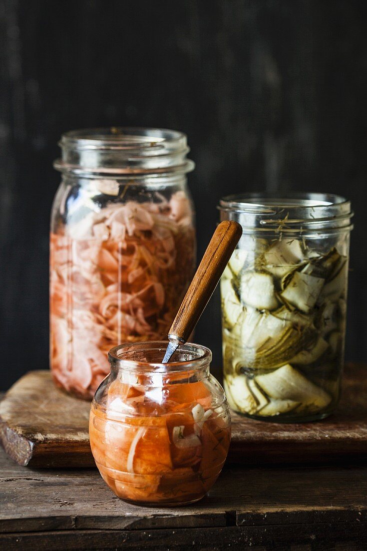 Various pickles in jars