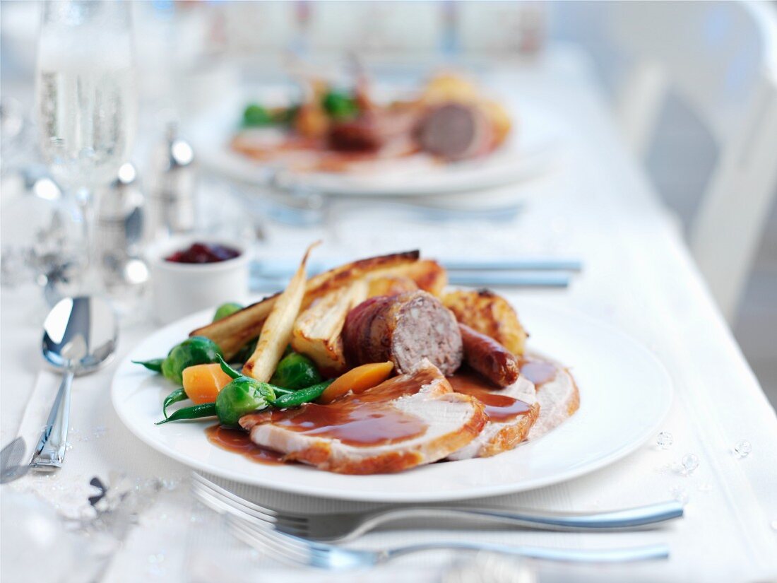 Christmas roast dinner with root vegetables