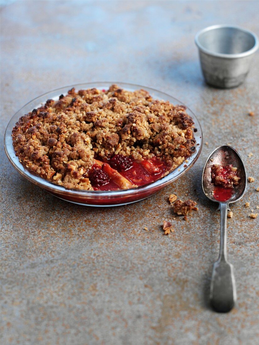 Fruit crumble in a glass baking dish