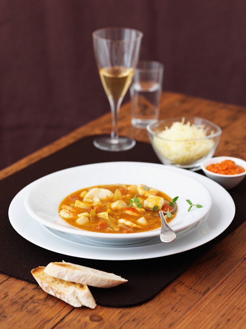Bouillabaisse with ciabatta and cheese