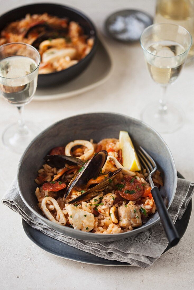 Paella with mussels and squid