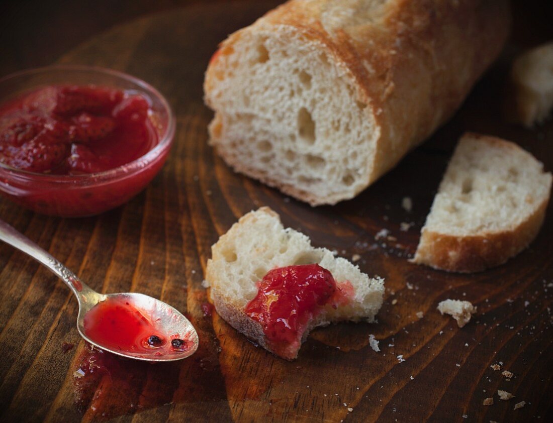 Baguette with fresh strawberry jam