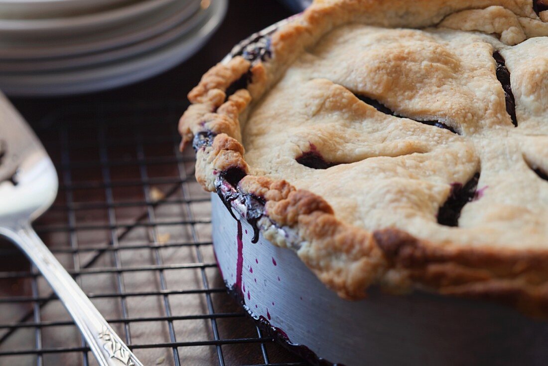 A freshly baked blueberry pie