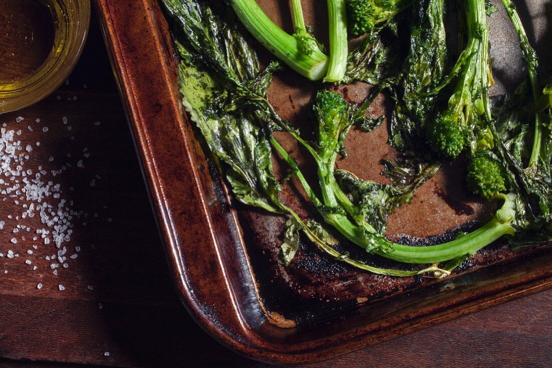 Oven-roasted broccoli on a baking tray