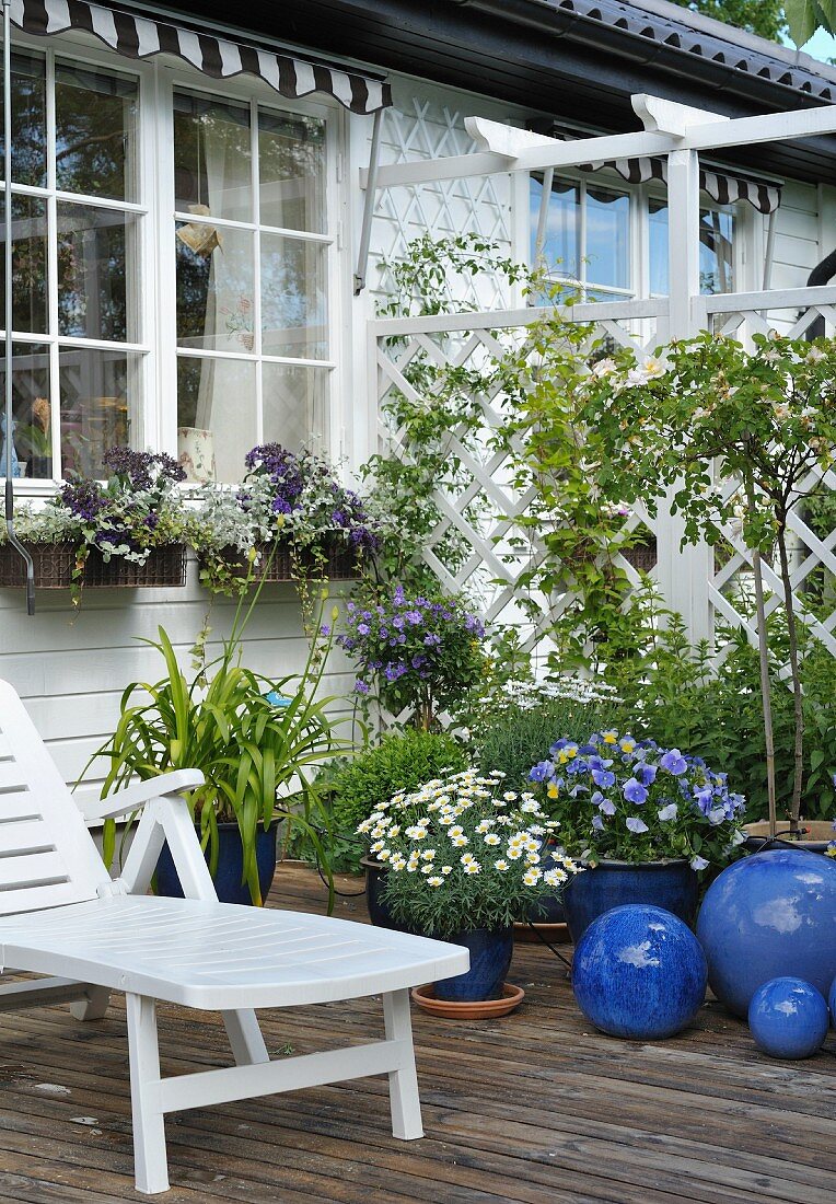 White loungers next to flowering plants in blue pots on wooden deck outside white wooden house