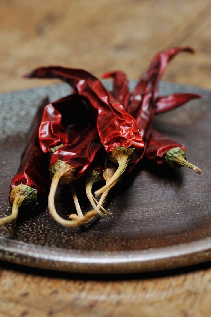 A plate of dried red chili peppers