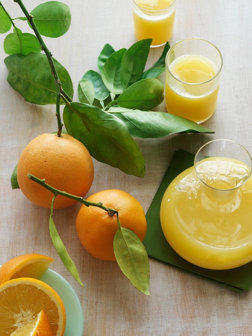 Orangen am Zweig mit Orangensaft in Karaffe und Gläsern