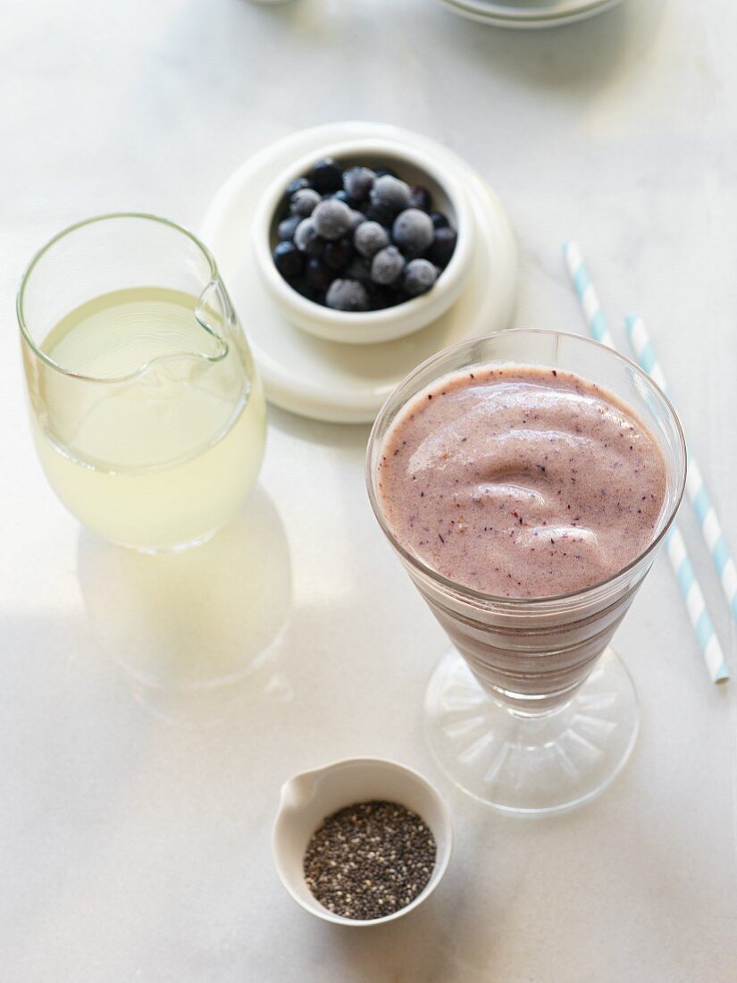 A blueberry smoothie with coconut water and chia seeds