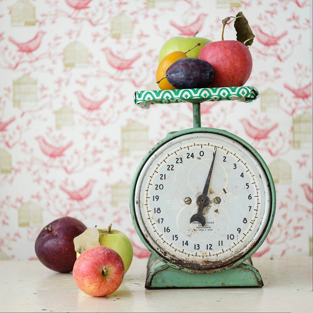 Fresh fruit on an old pair of kitchen scales