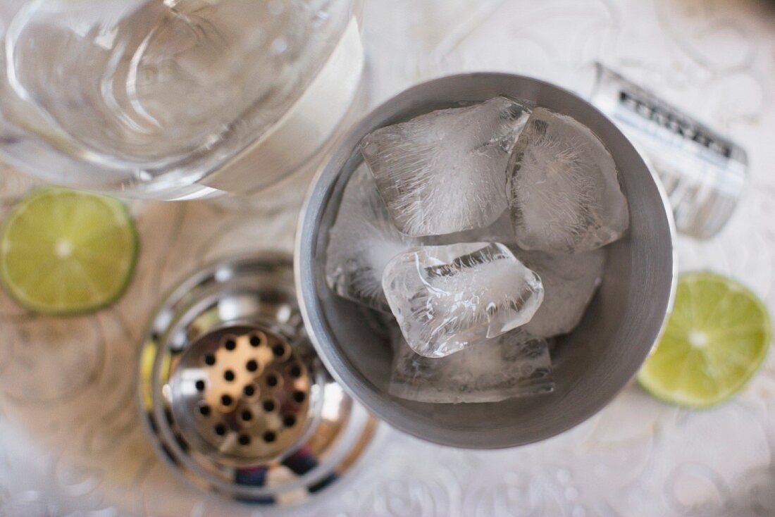 Ice cubes in a cocktail shaker