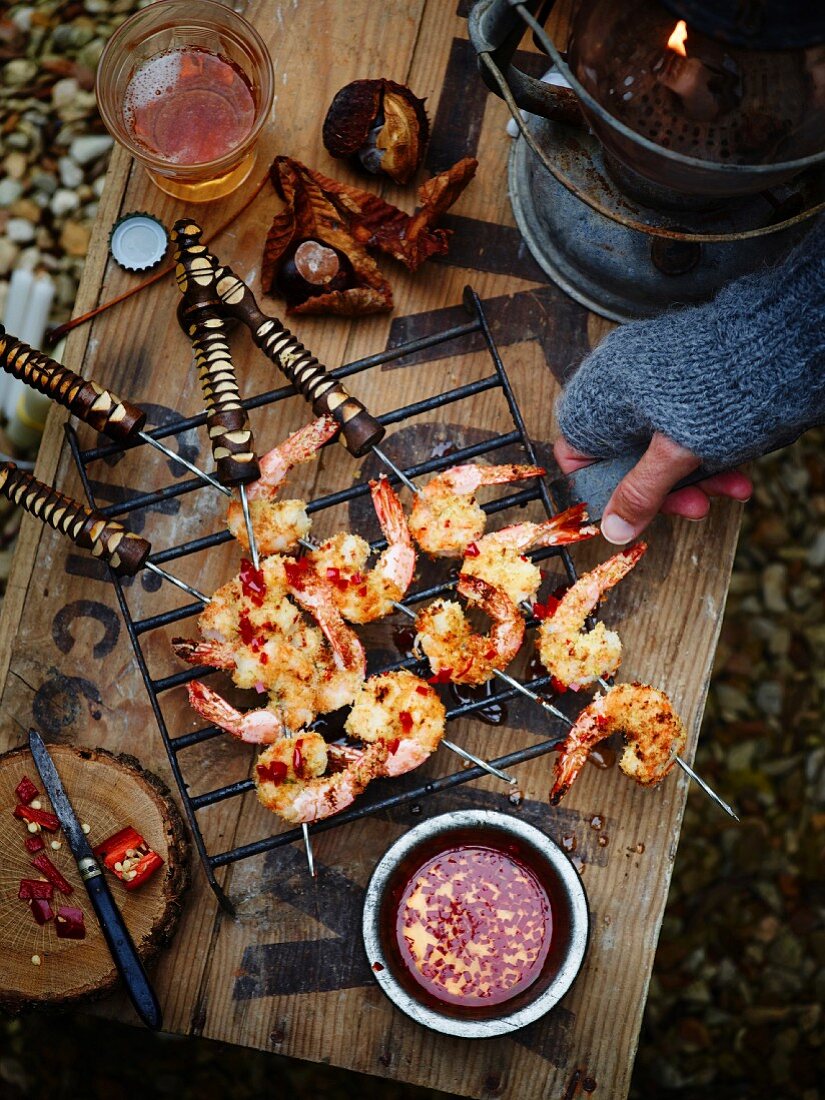 Grilled prawn and coconut skewers