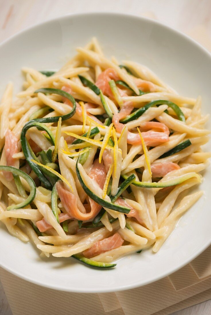 Trofie pasta with smoked salmon and courgette in a creamy lemon sauce