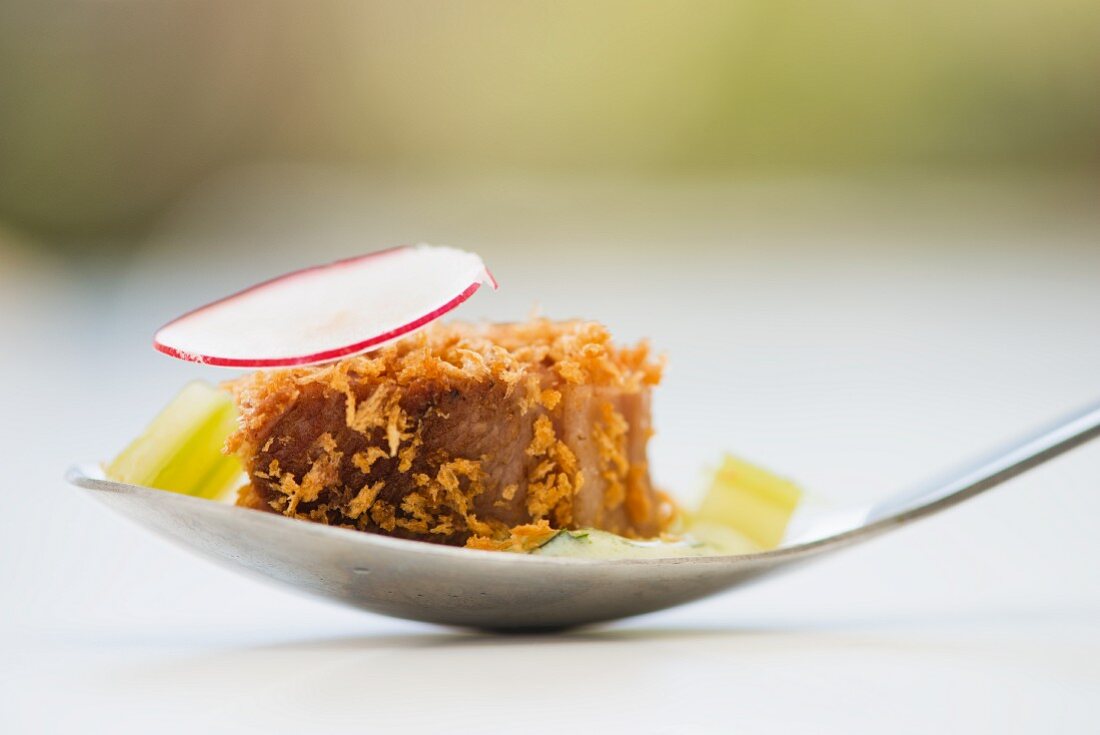 A piece of roasted beef fillet with crispy breadcrumbs on a spoon