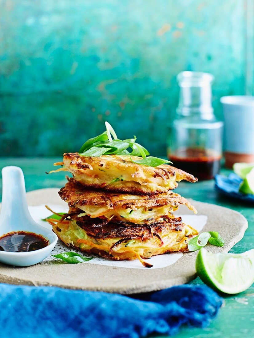 Korean hash browns with vegetables and prawns