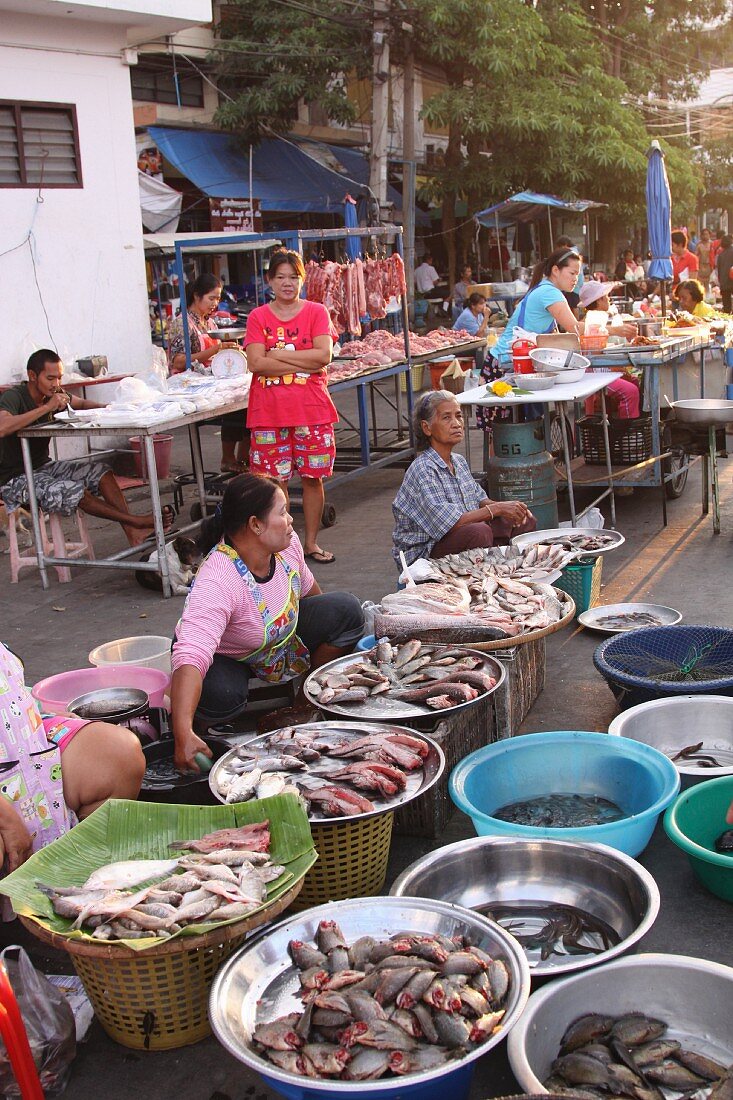 A fishmonger at a market, Thailand