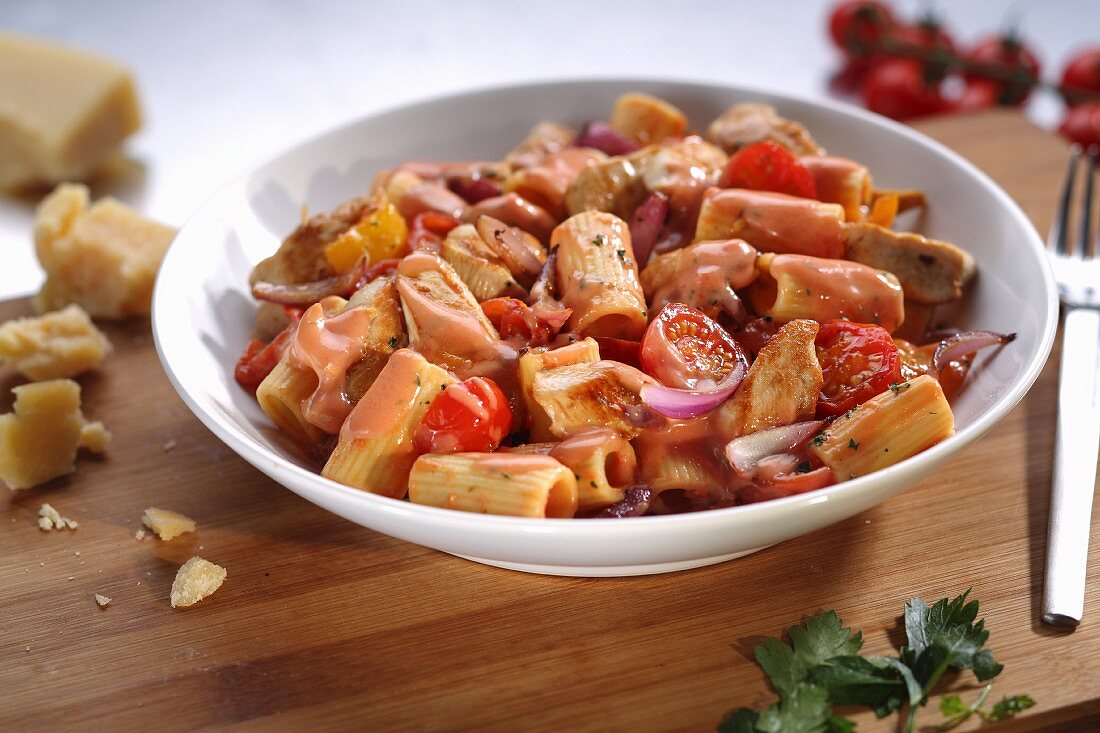 Rigatoni with chicken, tomatoes and a creamy sauce