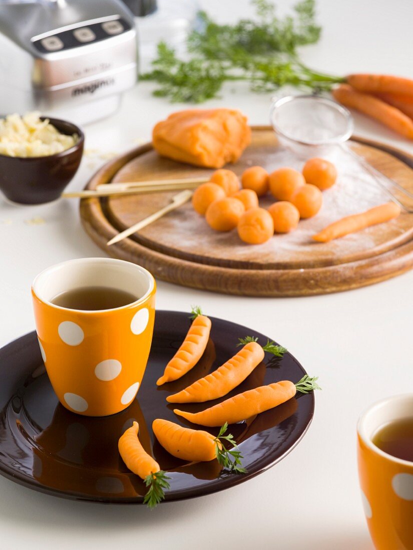 Marzipan carrots and tea