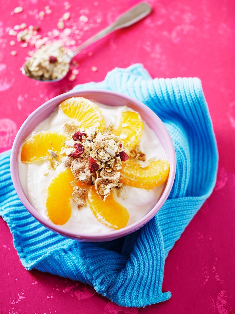 Joghurt mit Orangenspalten und Müsli