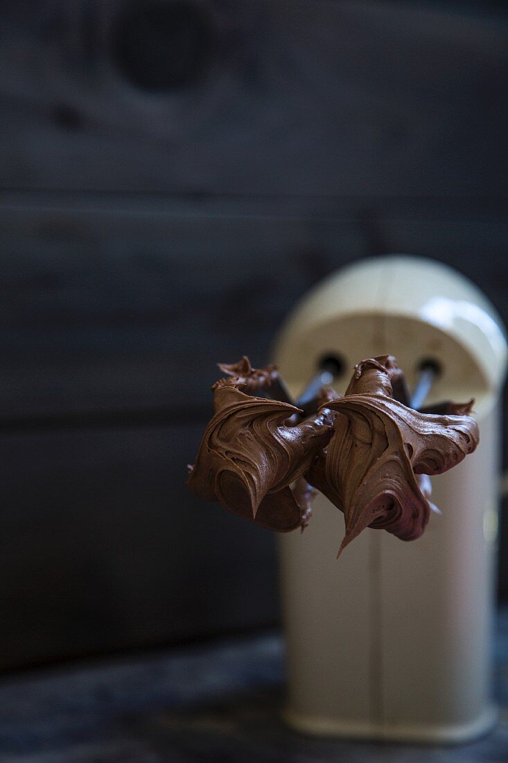 Chocolate cake mixture on a mixer