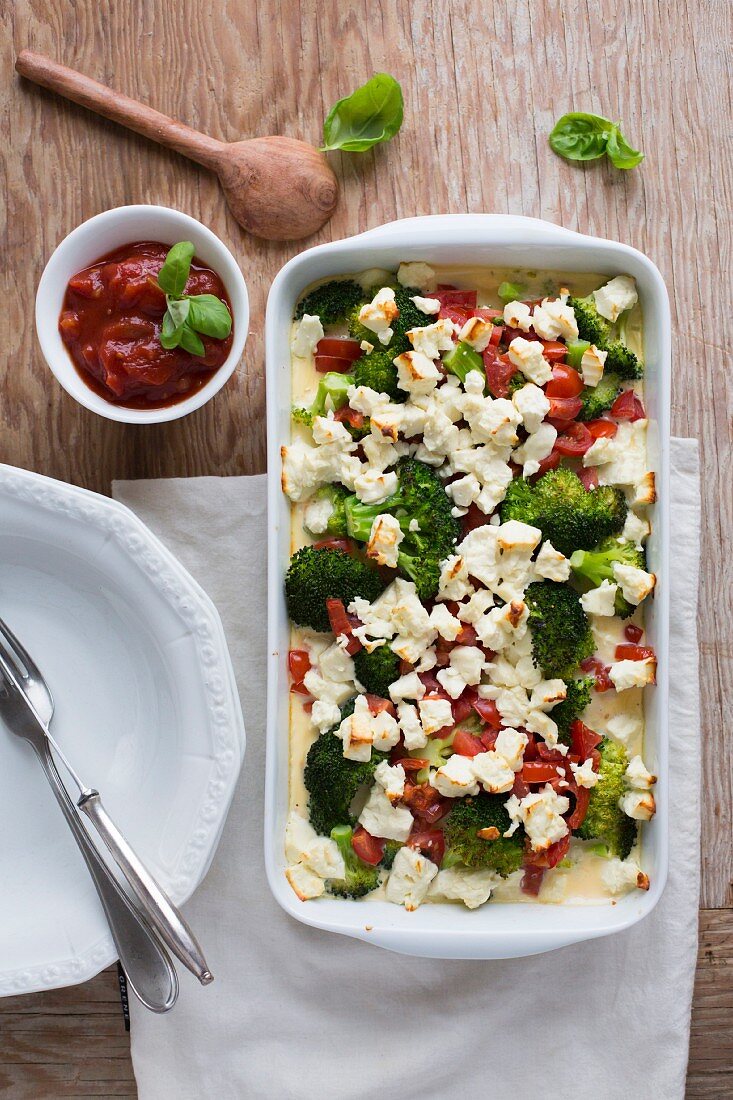 Broccoli bake with feta cheese (seen from above)