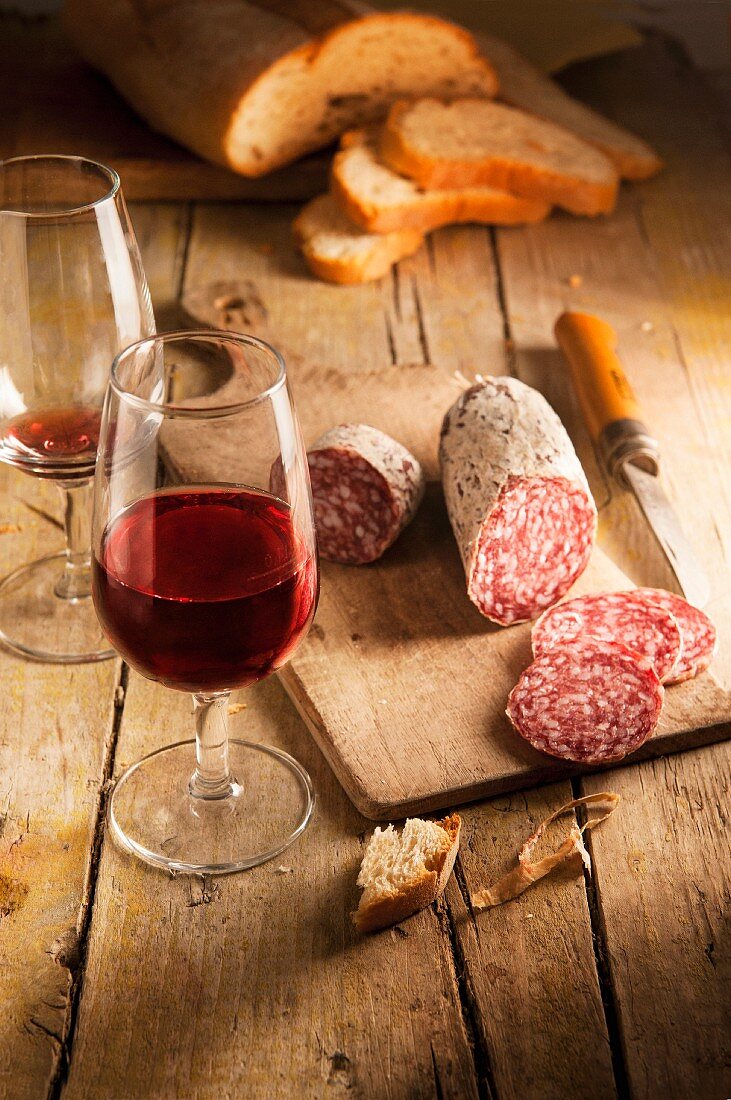 Salami, bread and red wine
