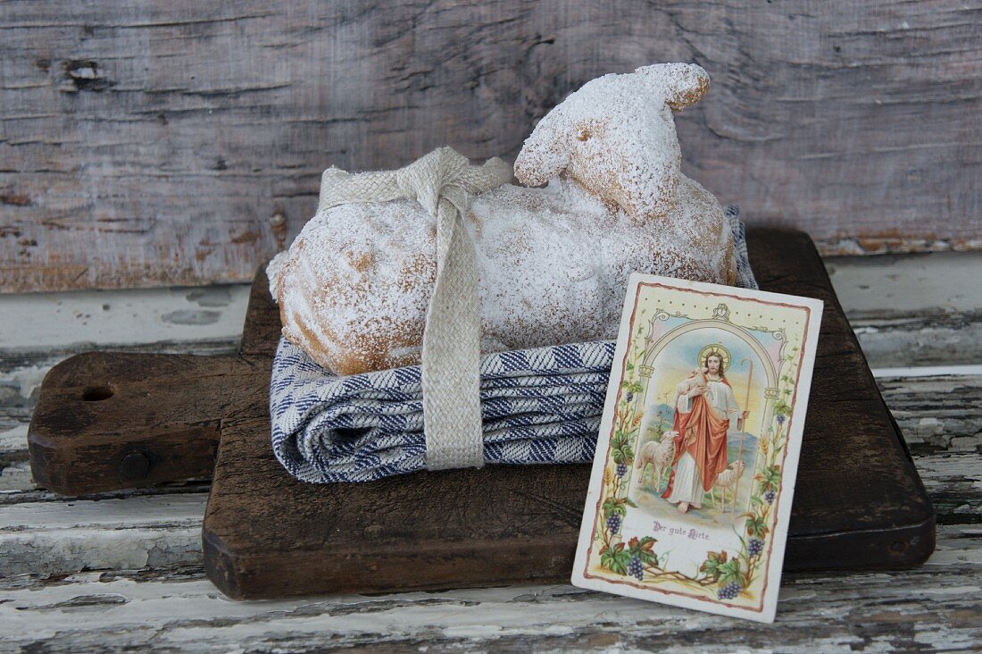 A sweet Easter lamb with a picture of a saint