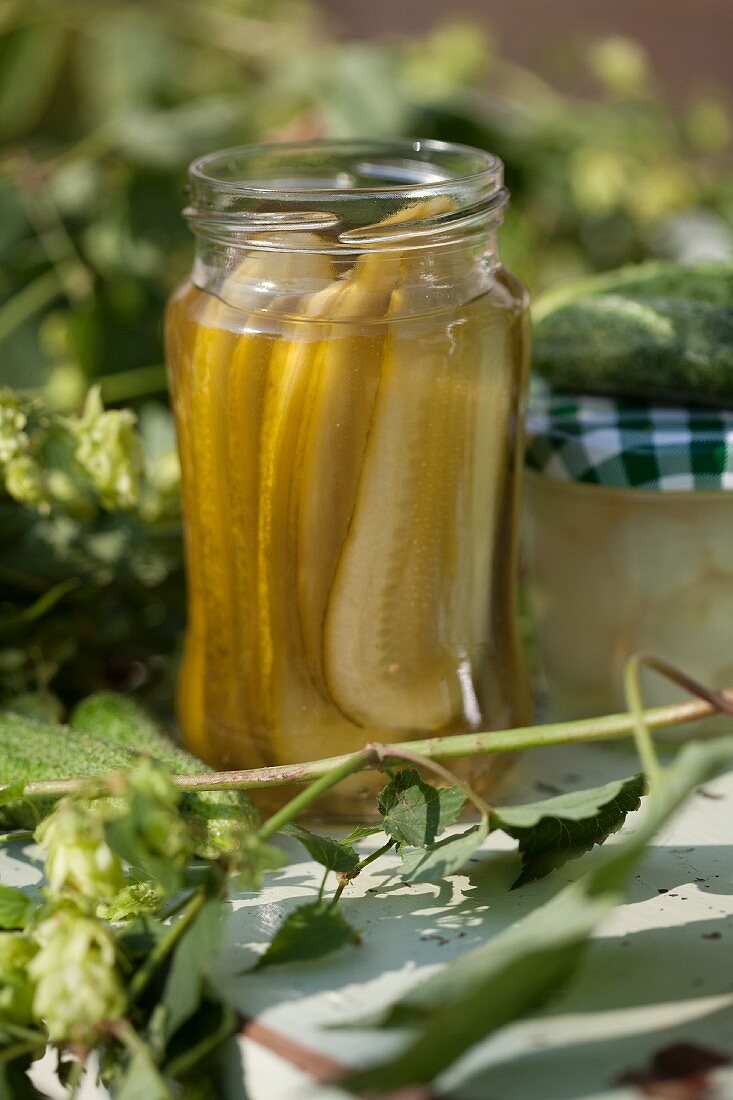 A jar of sliced gherkins